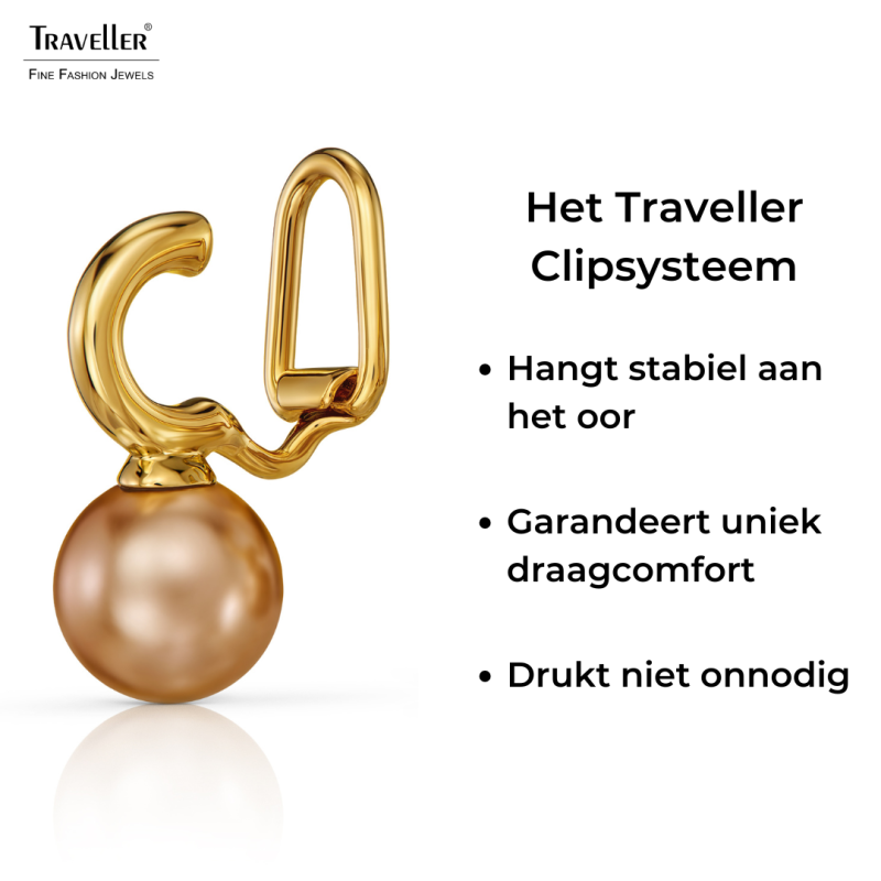 Traveller Clip Oorbellen - Verguld - Parel - 10mm - Brons - 20x10 mm - 114301