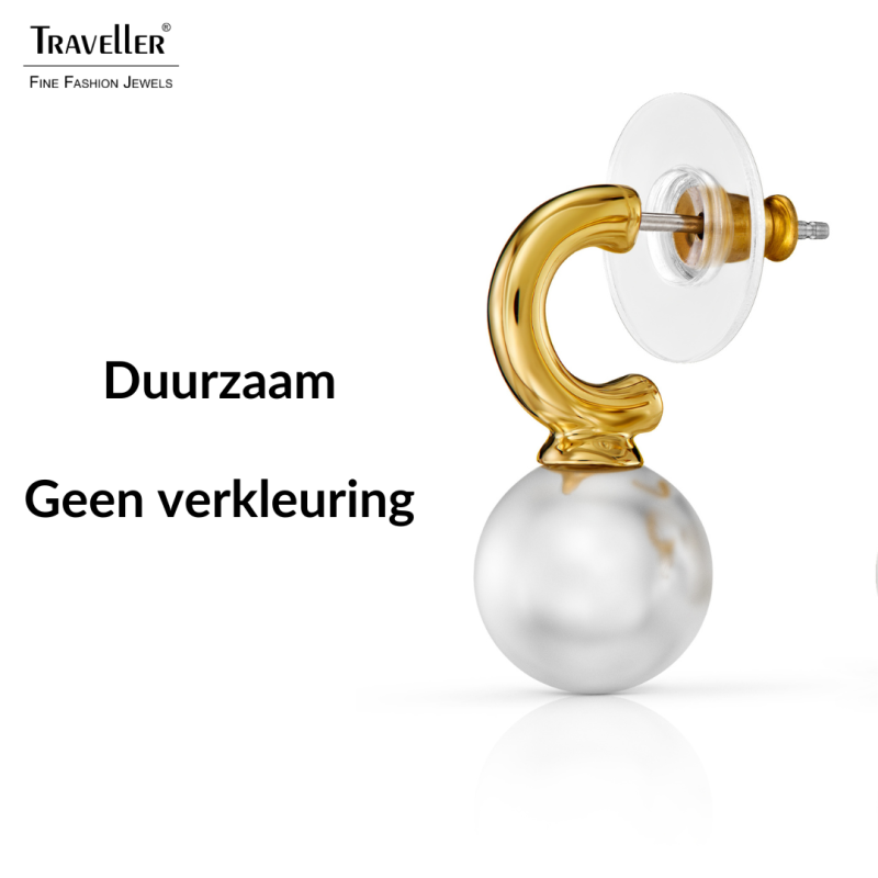 Traveller Oorhangers - Verguld - Parel - 10mm - Wit - 20x10 mm - 114303