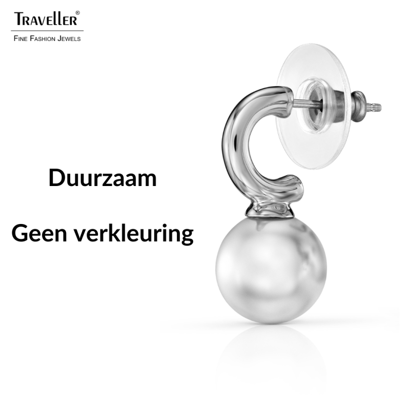 Traveller Oorhangers - Zilverkleurig - Parel - 10mm - Wit - Geplatineerd - 20x10 mm - 114304