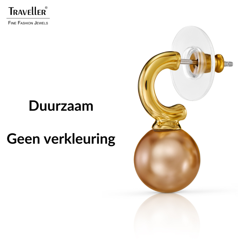 Traveller Oorhangers - Verguld - Parel - 10mm - Brons - 20x10 mm