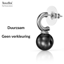 Traveller Oorhangers - Zilverkleurig - Parel - 10mm - Zwart - 20x10 mm