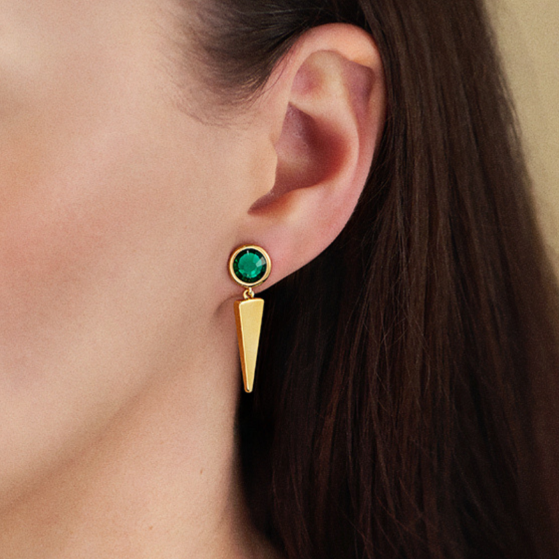 Traveller Drop Earrings - Pendants - Gold Plated - Crystals - Emerald Green - 35 x 10 mm