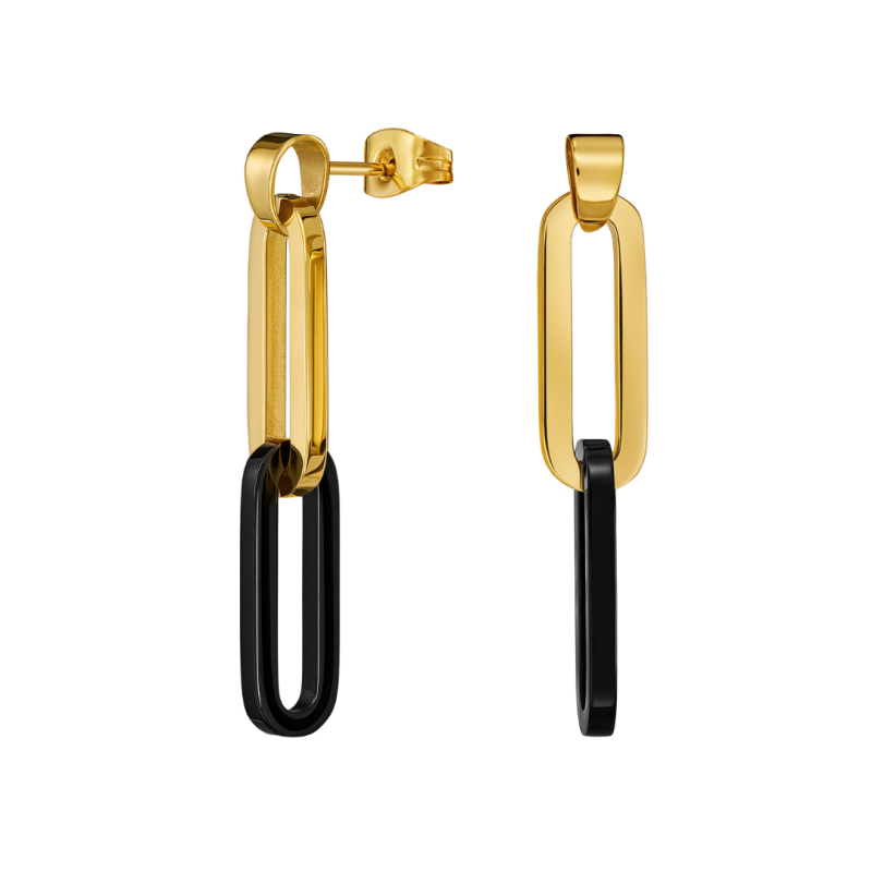 Traveller Earrings - Pendants - Bicolor - Gold & Black - Links - Stainless Steel - Gold Plated - 40 mm - 181268
