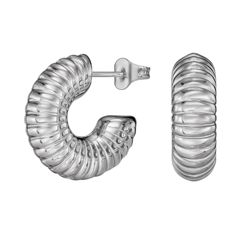 Traveller Earrings - Hoop Earrings - Silver Coloured - 3/4 Hoop - Ribbed - Stainless Steel - 18 x 6 mm - 181278