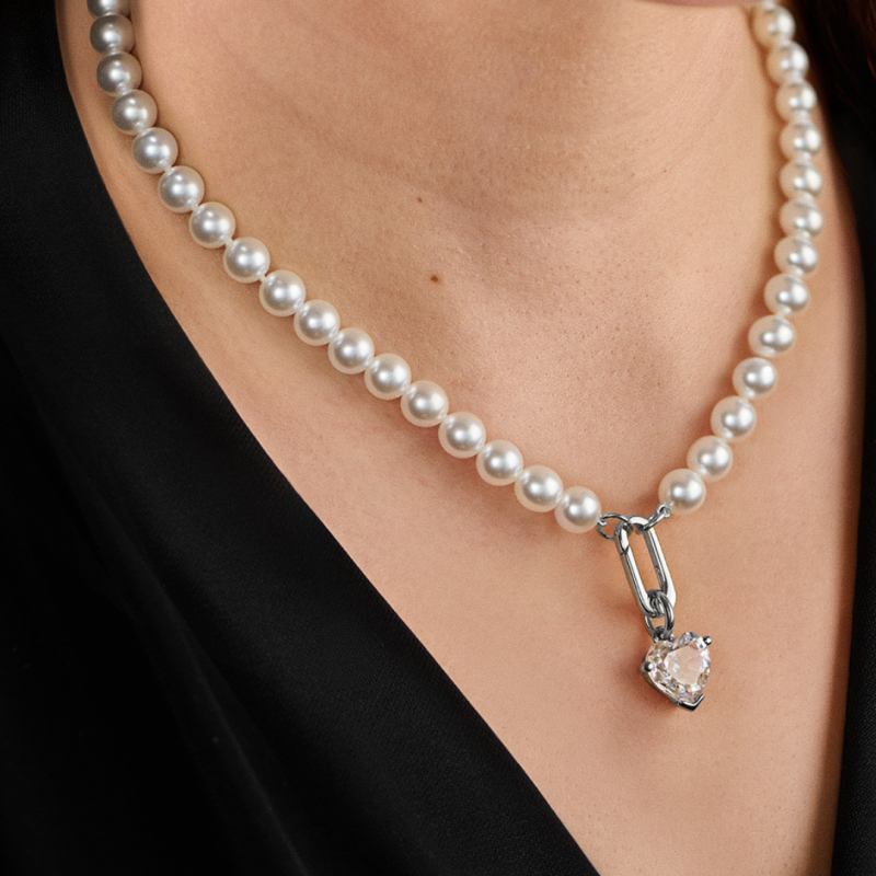 Traveller Pearl Necklace with Pendant - Pearls - 8mm - White - Crystal - 12 mm - Heart - 45cm - Platinum Plated - 114314