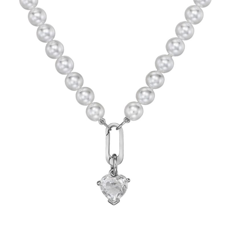 Traveller Parelketting met Hanger - Dames - Parels - 8 mm - Wit - Kristal - Hart - 45 cm - Geplatineerd - 114314