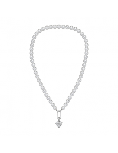 Traveller Pearl Necklace with Pendant - Pearls - 8mm - White - Crystal - 12 mm - Heart - 45cm - Platinum Plated