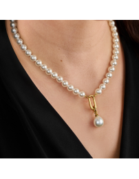 Traveller Pearl Necklace with Pendant - Pearls - 8 mm - White - Pearl - 12x14 mm - Oval - 45 cm - 22ct Gold Plated