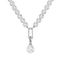 Traveller Pearl Necklace with Pendant - Pearls - 8 mm - White - Pearl - 12x14 mm - Oval - 45 cm - Platinum Plated - 114318