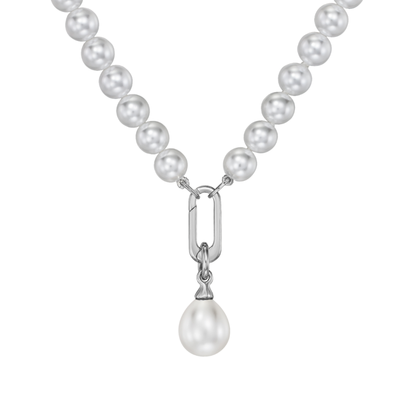 Traveller Perlenkette mit Anhänger - Perlen - 8 mm - Weiß - Perle - 12x14 mm - Oval - 45 cm - Platiniert - 114318