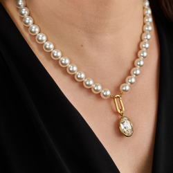 Traveller Parelketting met Hanger - Dames - Parels - 10mm - Wit - Kristal - Ovaal - 45 cm - Verguld - 114320