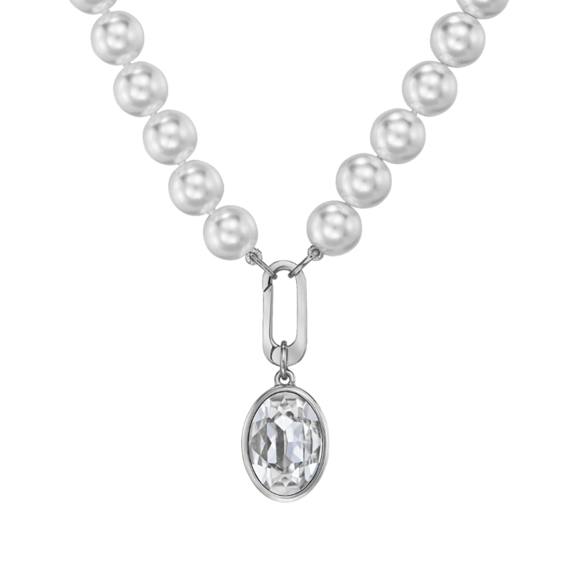 Traveller Parelcollier met Hanger - Parels - 10mm - Wit - Kristal - Ovaal - 45 cm - Geplatineerd - 114322