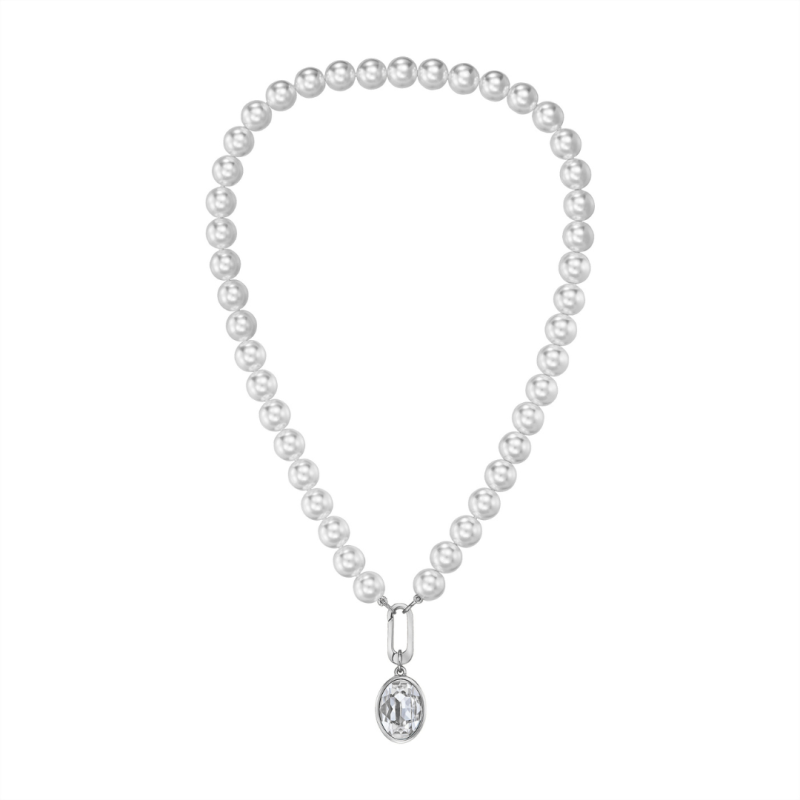 Traveller Perl-Collier mit Anhänger - Perlen - 10 mm - Weiss - Kristall - Oval - 45 cm - Platiniert - 114322