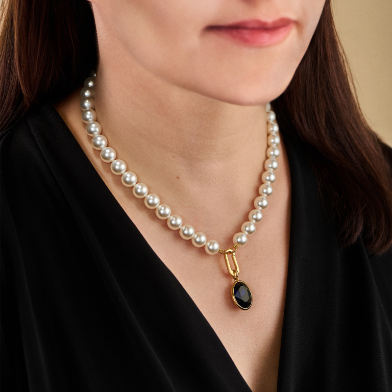 Traveller Dames Parelketting met Hanger - Parels - 10mm - Wit - Kristal - Donker Blauw - Ovaal - 45cm - Verguld