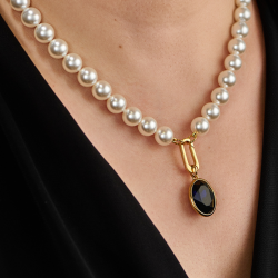 Traveller Pearl Necklace with Pendant - Pearls - 10mm - White - Crystal - Dark Blue - Oval - 45cm - Gold Plated
