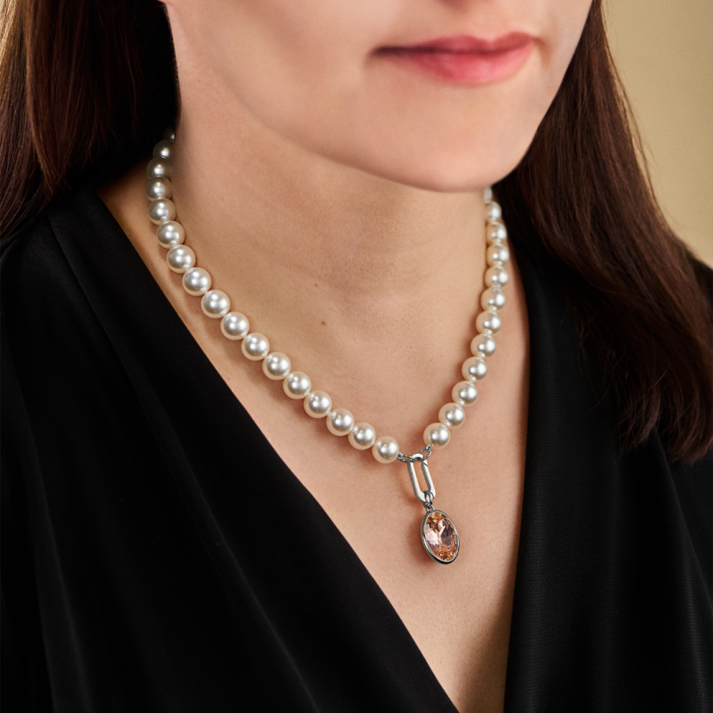 Traveller Parelketting met Hanger - Parels - 10mm - Wit - Kristal - Roze - Ovaal - 45cm - Geplatineerd - 114328