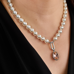 Traveller Parelketting met Hanger - Parels - 10mm - Wit - Kristal - Roze - Ovaal - 45cm - Geplatineerd - 114328