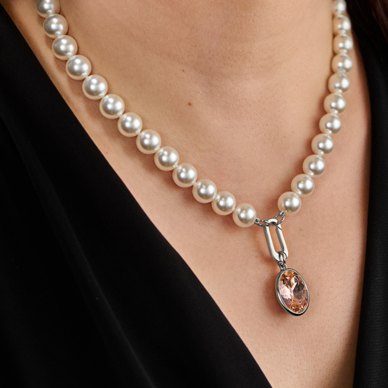 Traveller Pearl Necklace with Pendant - Pearls - 10mm - White - Crystal - Pink - Oval - 45cm - Plated