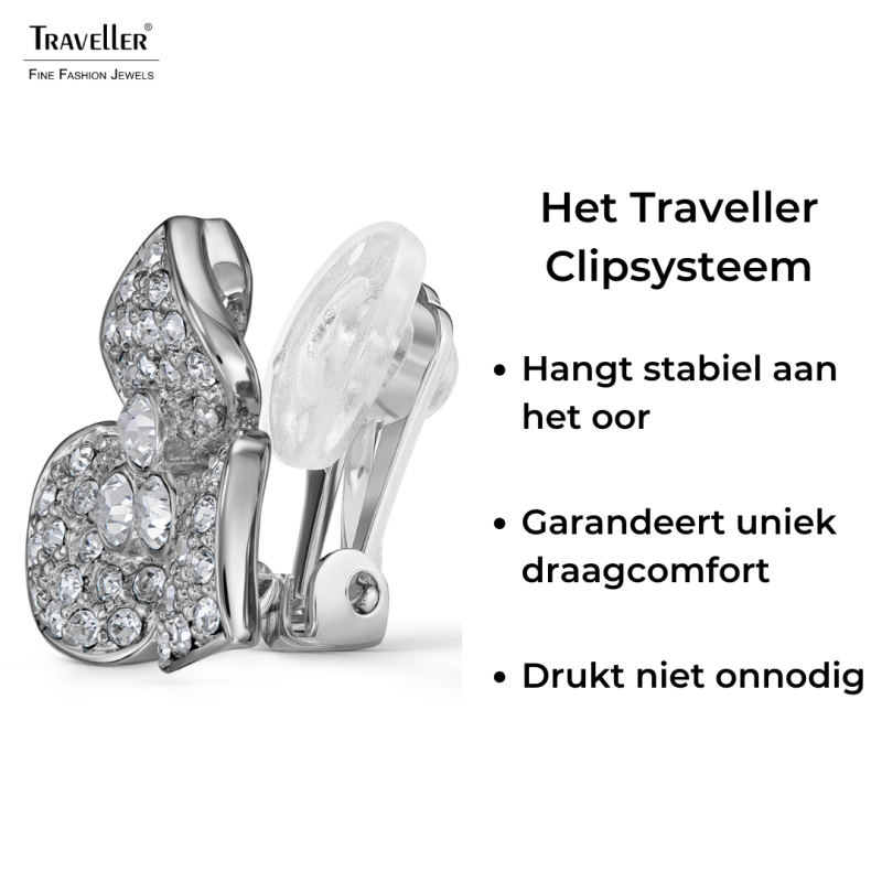 Traveller Clip Oorbellen - Zilverkleurig - Kristal - Bloem - Geplatineerd - Ø16 mm