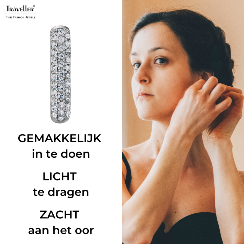 Traveller Oorringen - Zilverkleurig - Kristal - Vierkant - Edelstaal - 20 x 14 mm