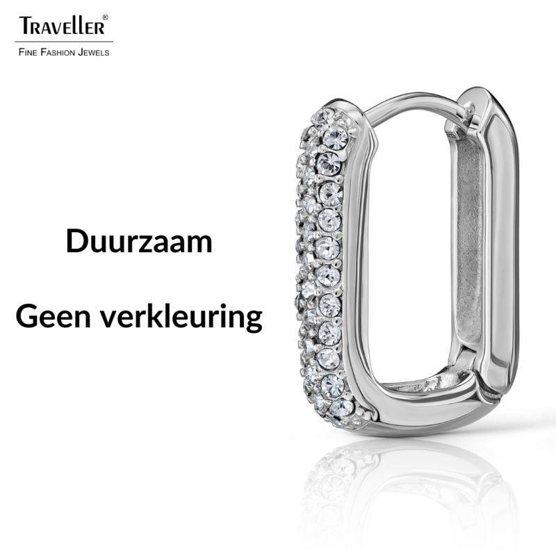 Traveller Oorringen - Zilverkleurig - Kristal - Vierkant - Edelstaal - 20 x 14 mm
