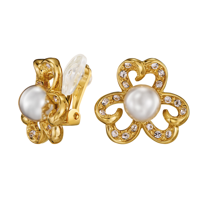 Traveller Ohrclips - Vergoldet - Perle - 8 mm - Weiss - Kristalle - 20x20 mm - 114295