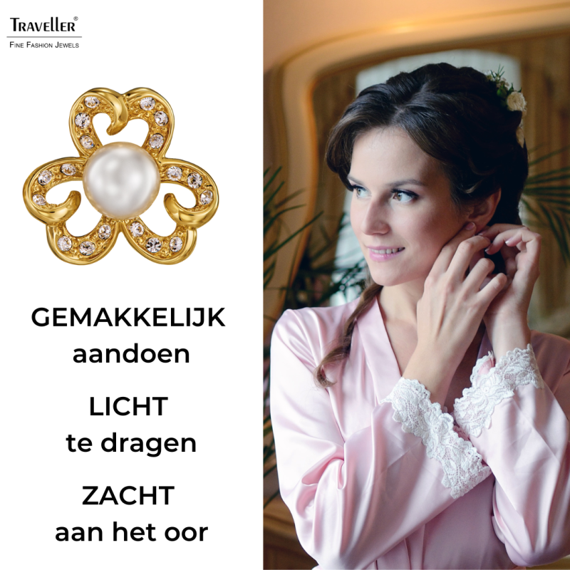 Traveller Clip Oorbellen - Verguld- Parel - 8 mm - Wit - Kristal - 20x20 mm