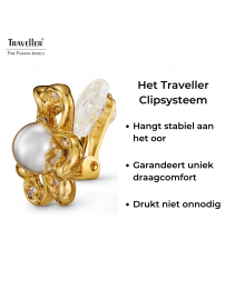 Traveller Clip Oorbellen - Verguld- Parel - 8 mm - Wit - Kristal - 20x20 mm - 114295