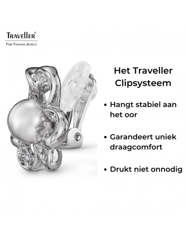 Traveller Clip Oorbellen - Zilverkleurig - Parel - 8 mm - Wit - Kristal - Geplatineerd - 20x20 mm