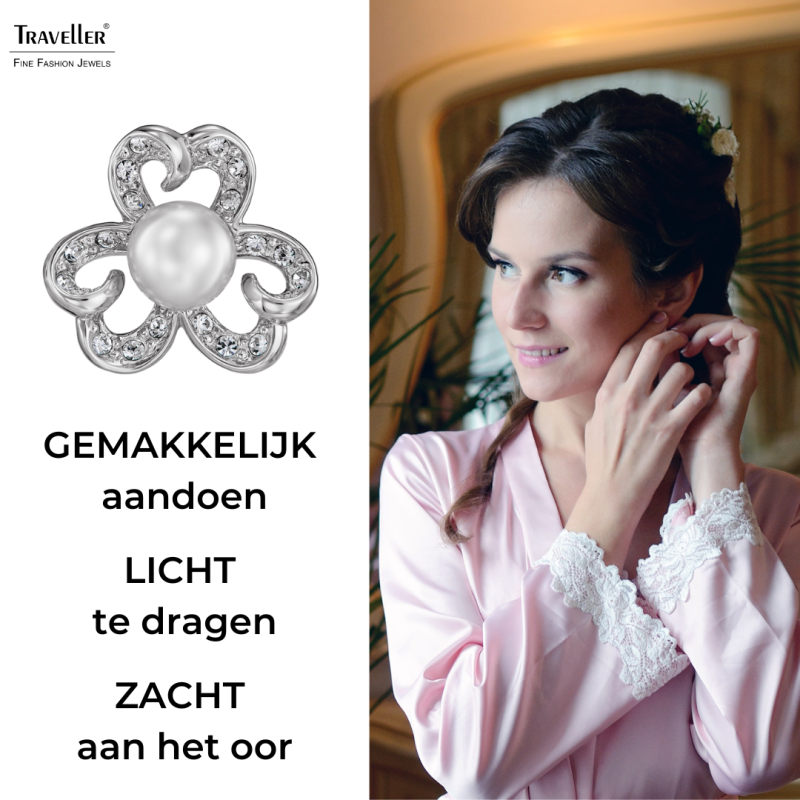 Traveller Clip Oorbellen - Zilverkleurig - Parel - 8 mm - Wit - Kristal - Geplatineerd - 20x20 mm - 114296