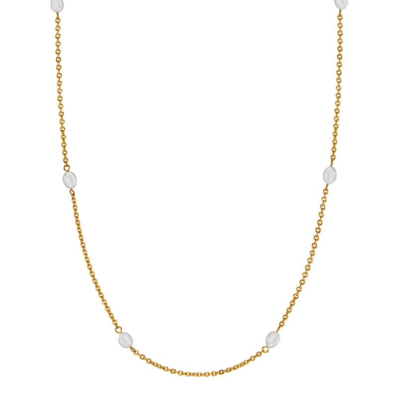 Traveller Ketting - Verguld - Zoetwater Parels - Wit - 10x6 mm - Edelstaal - 181274