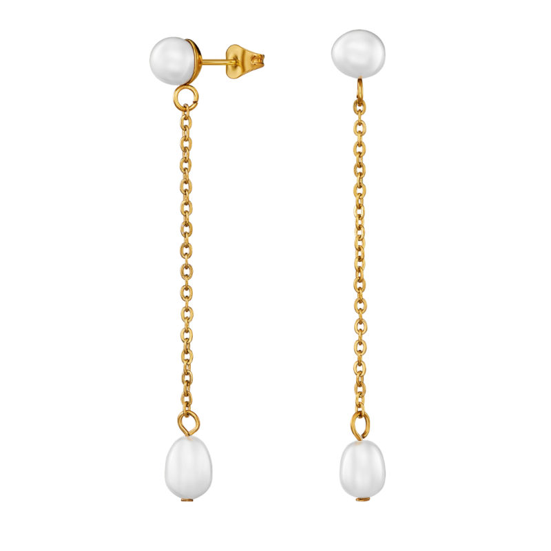 Traveller Drop Earrings - Gold Plated - Freshwater Pearls - White - 6 and 10x6 mm - Stainless Steel - 181275