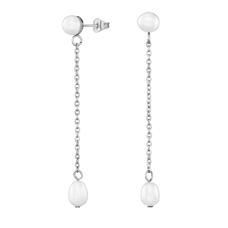 Traveller Drop Earrings - Silver Coloured - Freshwater Pearls - White - 6 and 10x6 mm - Stainless Steel - 181276