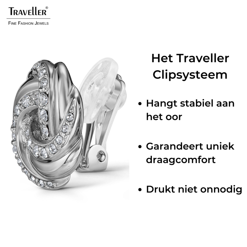 Traveller Clip Oorbellen - Zilverkleurig - Kristal - Knoop - Ø 17 mm - Geplatineerd
