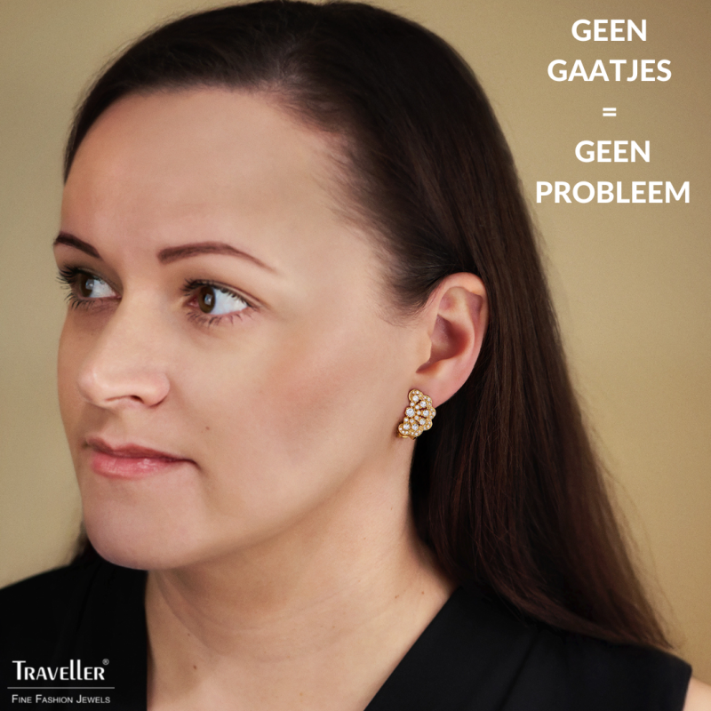 Traveller Clip Oorbellen - Verguld - Kristal - Bloem - 20x12 mm