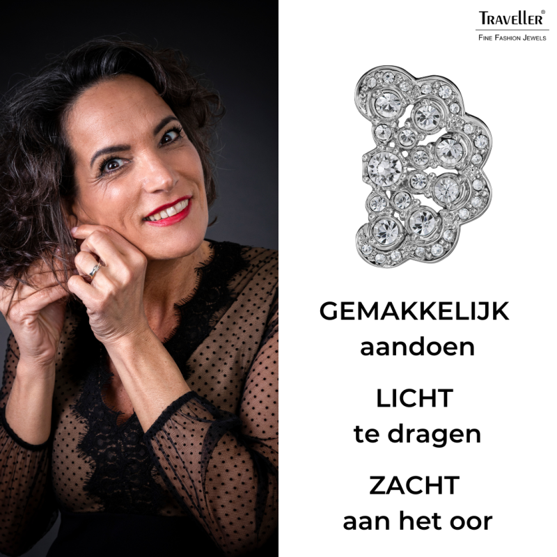 Traveller Clip Oorbellen - Zilverkleurig - Kristal - Bloem - Geplatineerd - 20x12 mm