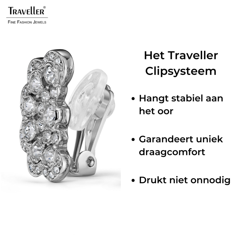 Traveller Clip Oorbellen - Zilverkleurig - Kristal - Bloem - Geplatineerd - 20x12 mm - 157747