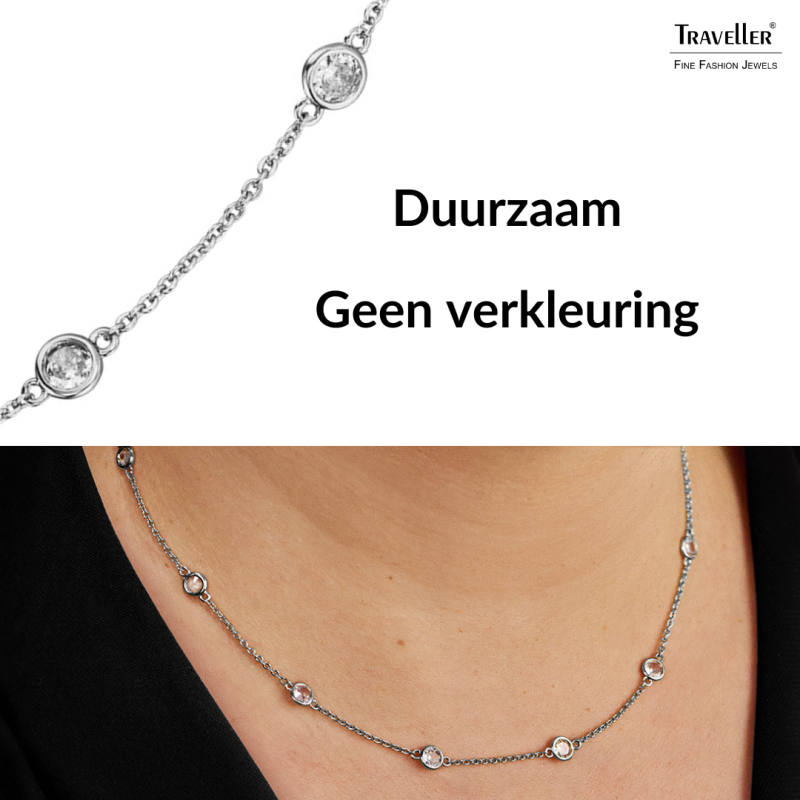 Traveller Dames Ketting - Zilverkleurig - Zirconia - Ø 4 mm - Geplatineerd - 38-44 cm