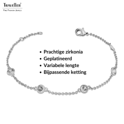 Traveller Armband Dames - Zilverkleurig - Zirconia - Ø 4 mm - Geplatineerd - 17-20 cm