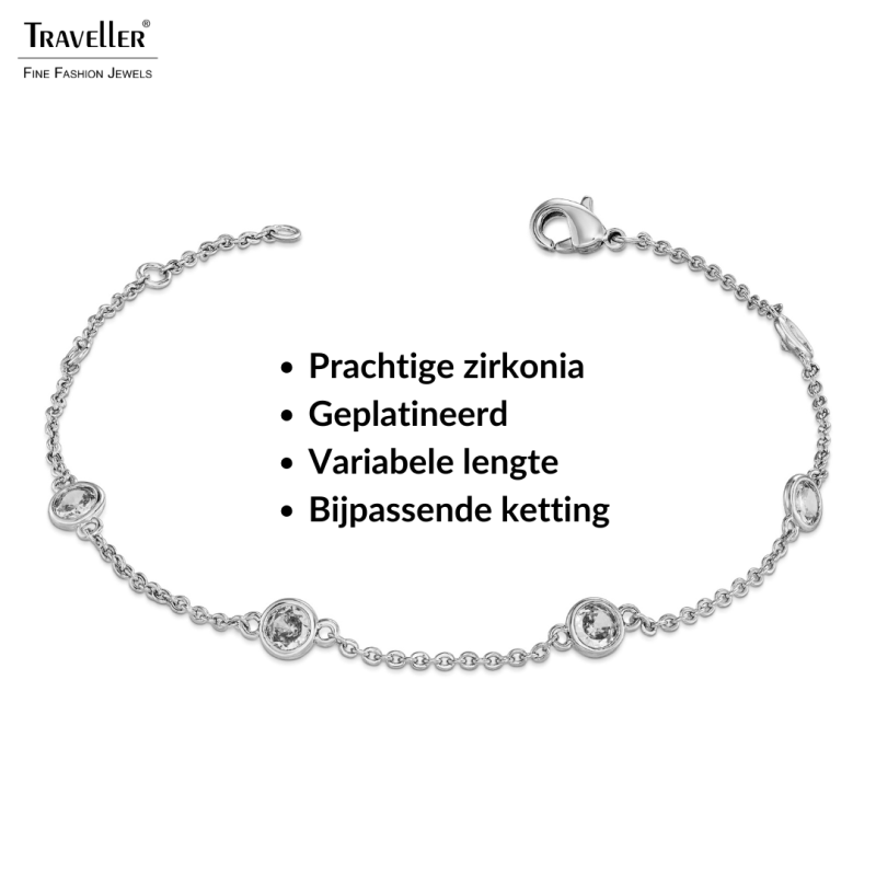 Traveller Armband - Zilverkleurig - Zirconia - Ø 4 mm - Geplatineerd - 17-20 cm - 157761