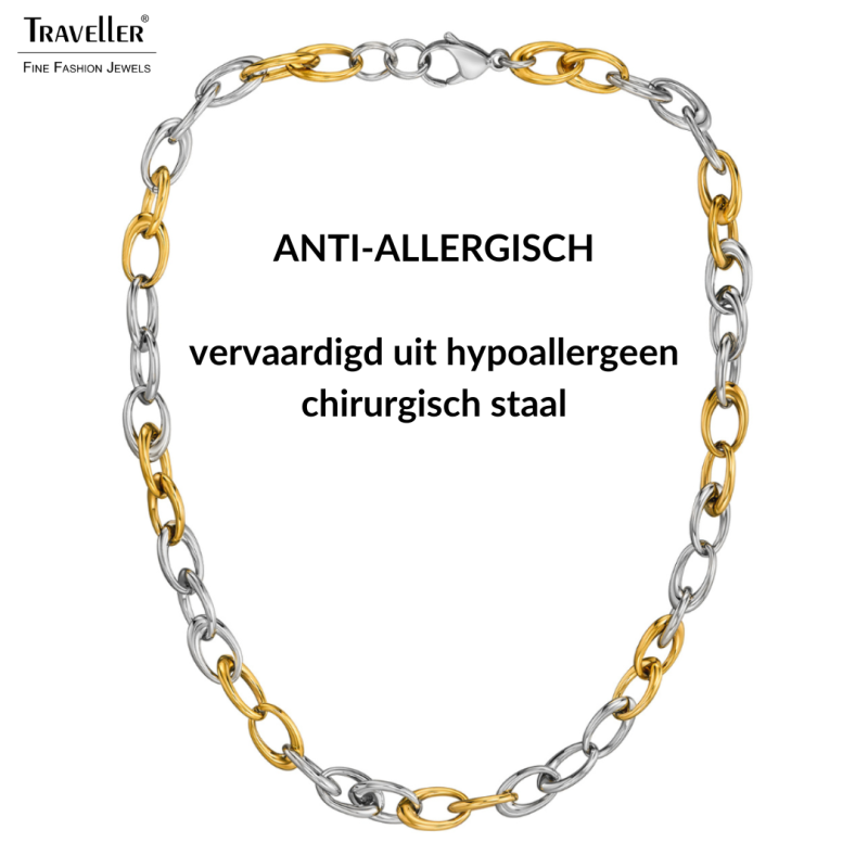 Traveller Dames Ketting - Bicolor - Goud & Zilver- Ovale Schakels - Edelstaal & Verguld Edelstaal - 47 cm - 181264