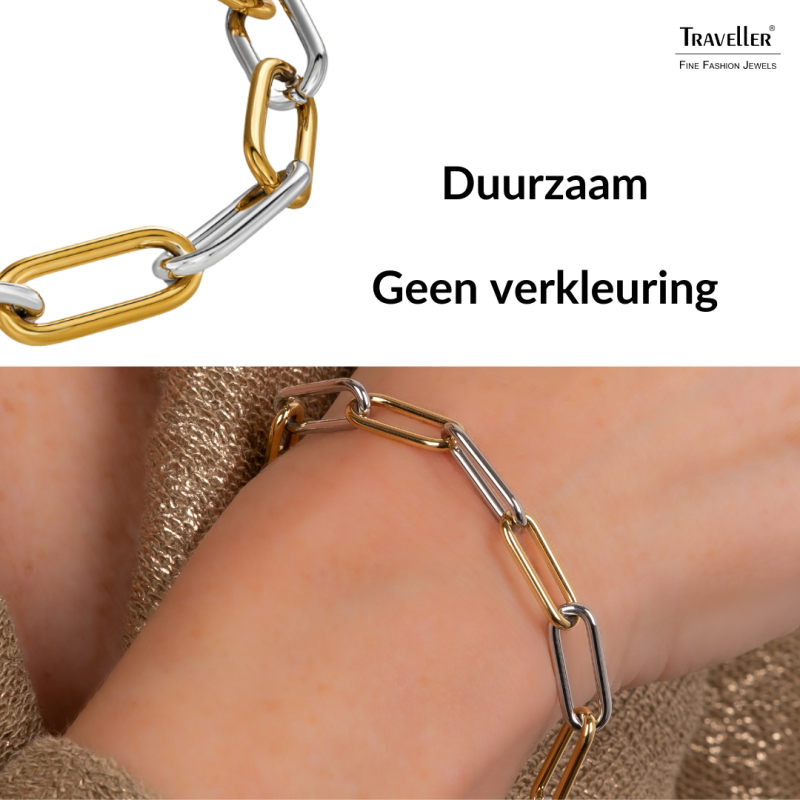 Traveller Armband - Bicolor - Goud & Zilver - Schakels - Edelstaal - Verguld - 21 cm - 181273