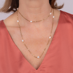 Traveller Ketting - Verguld - Zoetwater Parels - Wit - 10x6 mm - Edelstaal - 181274