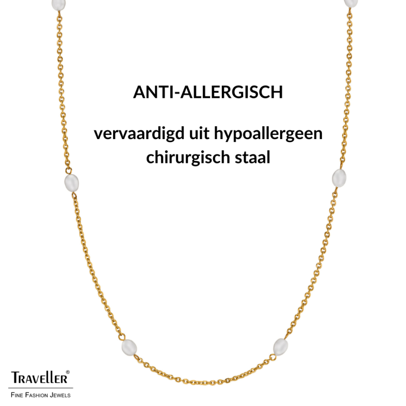 Traveller Dames Ketting - Verguld - Zoetwater Parels - Wit - 10x6 mm - Edelstaal