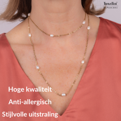 Traveller Ketting - Verguld - Zoetwater Parels - Wit - 10x6 mm - Edelstaal - 181274