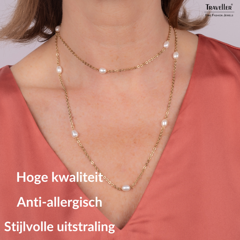 Traveller Dames Ketting - Verguld - Zoetwater Parels - Wit - 10x6 mm - Edelstaal