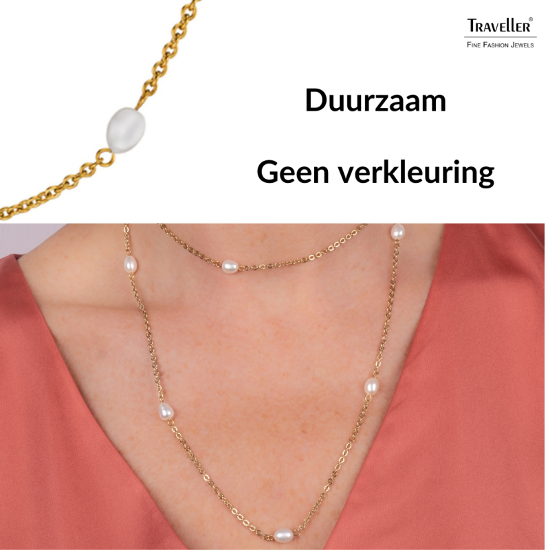 Traveller Dames Ketting - Verguld - Zoetwater Parels - Wit - 10x6 mm - Edelstaal