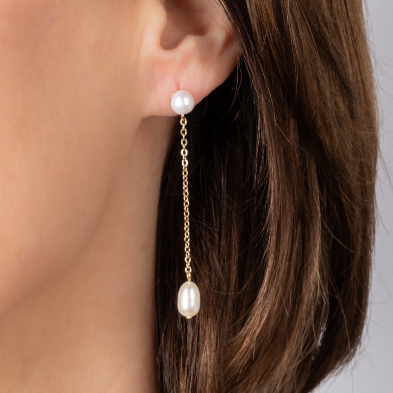 Traveller Oorhangers - Verguld - Zoetwater Parels - Wit - 6 en 10x6 mm - Edelstaal