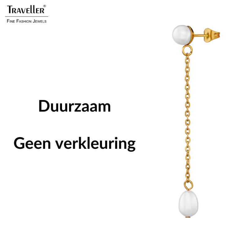 Traveller Oorhangers - Verguld - Zoetwater Parels - Wit - 6 en 10x6 mm - Edelstaal