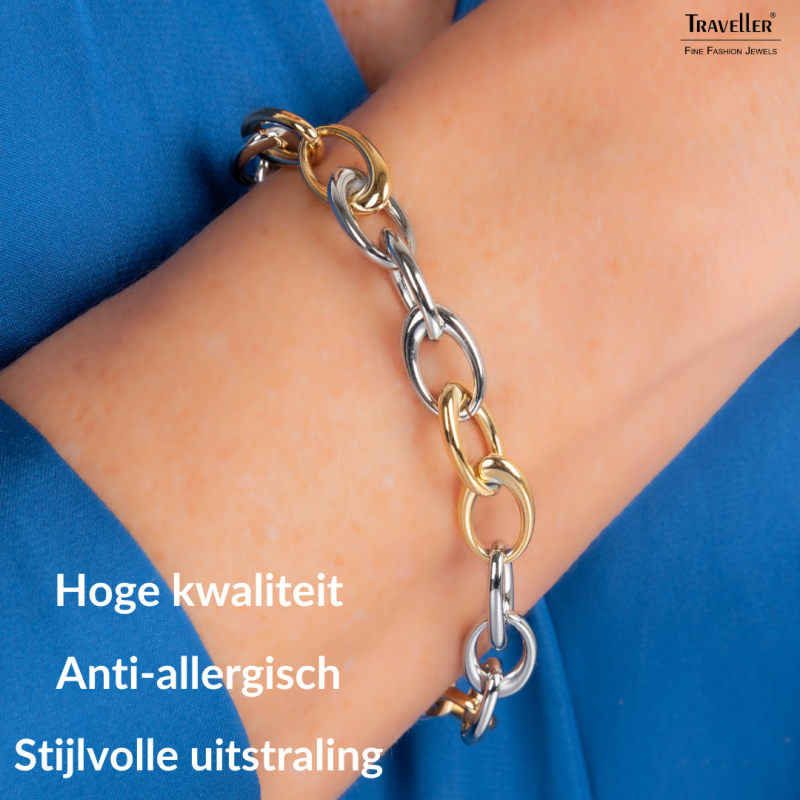 Traveller Armband Dames - Bicolor - Goud & Zilver- Ovale Schakels - Edelstaal & Verguld Edelstaal - 21 cm - 181265